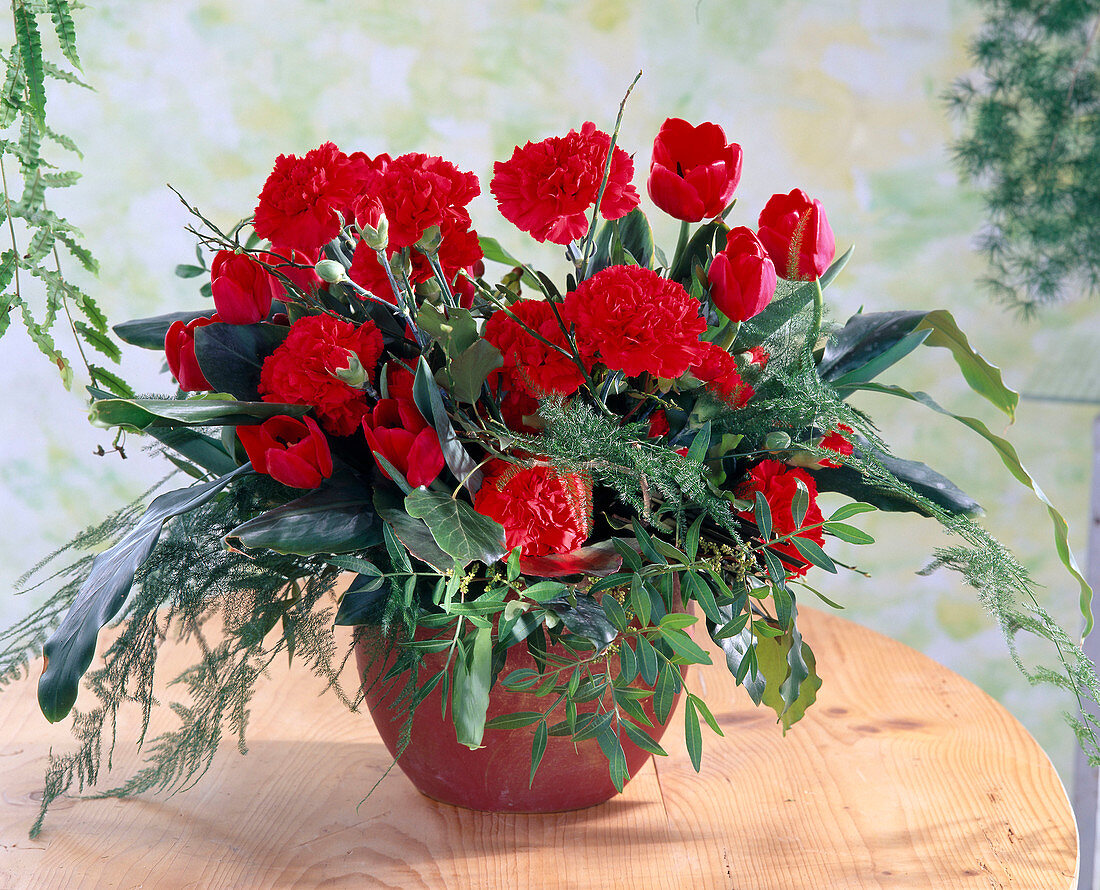 Red tulips and carnations 'Firequeen'