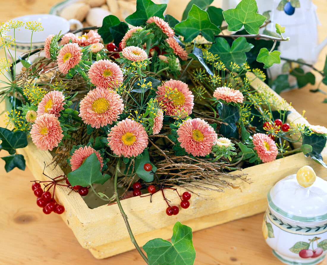 Square bowl with Callistephus (summer asters), Anethum (dill)