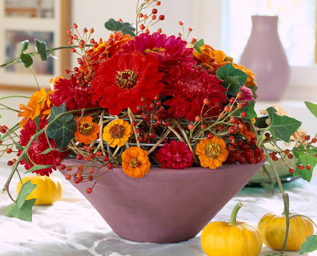 Late summer arrangement with Zinnia elegans (zinnias)