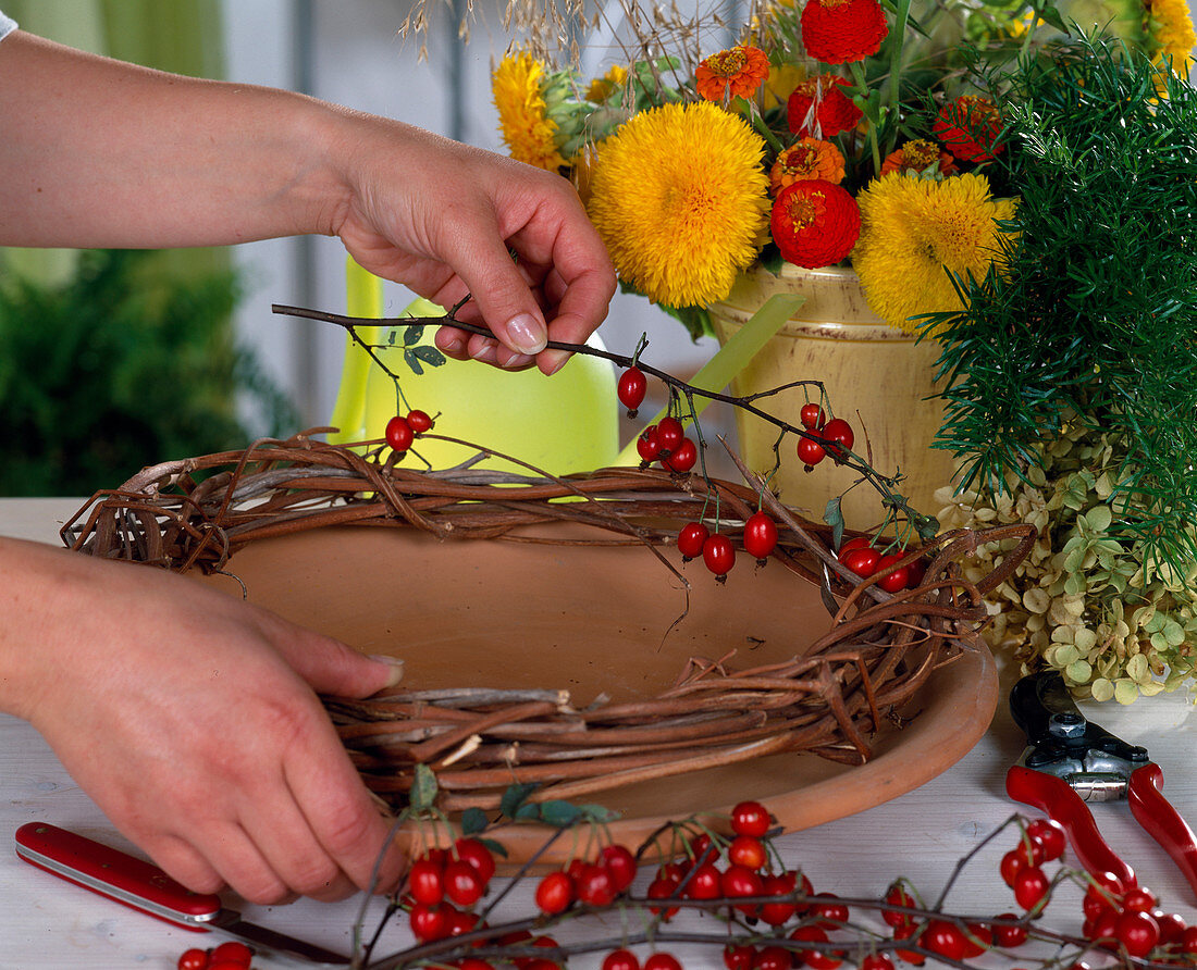 Make an autumn wreath (1/4): Clematis branches as a wreath and put rosehip branches on it