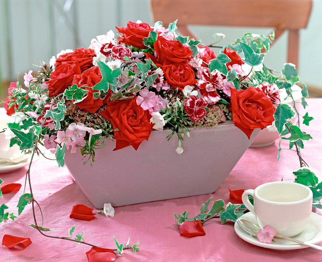 Red roses, Dianthus (clove), Hedera (ivy), Phlox