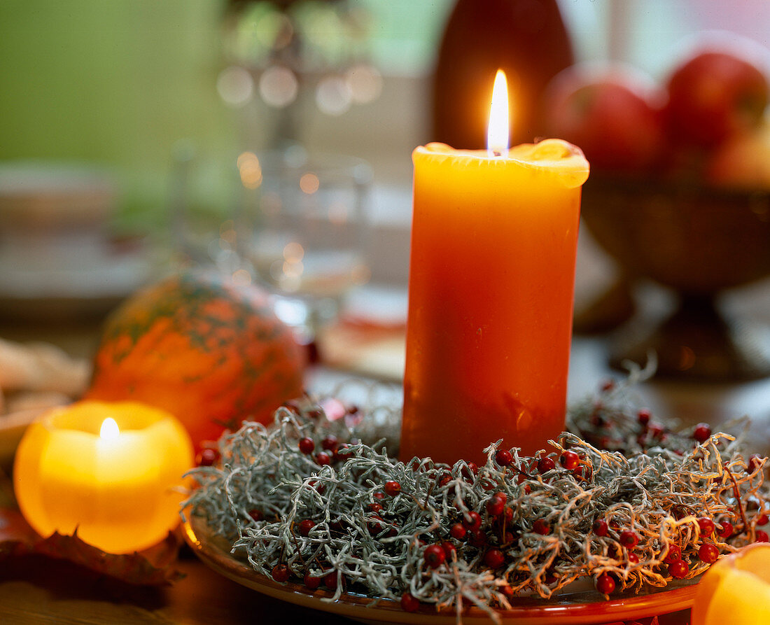 Wreath of Calocephalus (Greiskraut) and Rosa (rose hips)