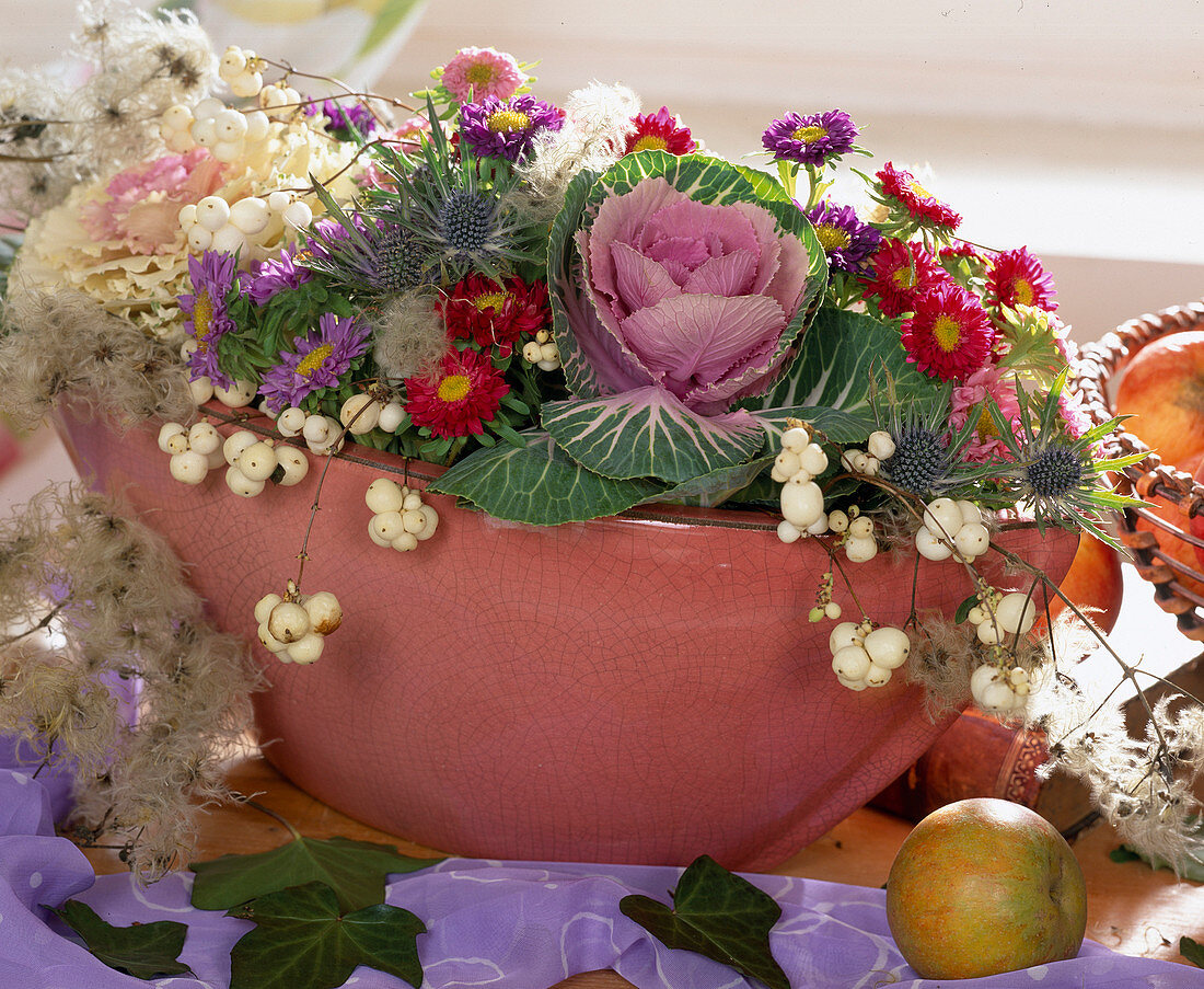 Jardiniere with Brassica (ornamental cabbage), Callistephus (summer asters), Eryngium (thistle)