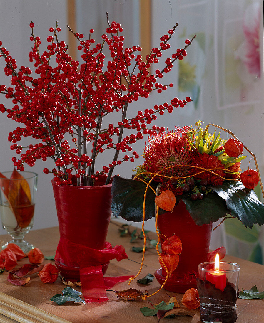 Winter bouquets with red winterberry and Protea