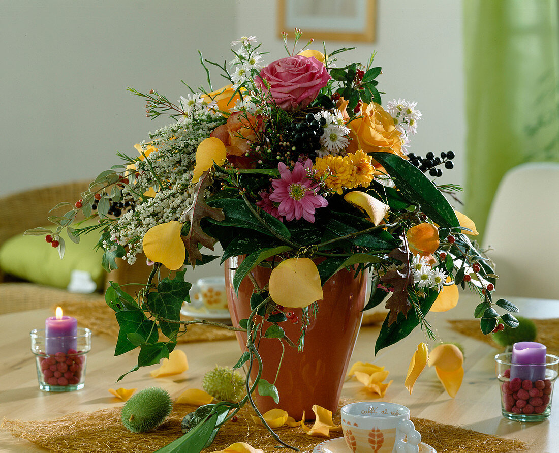 Bouquet of rose petals, dendranthema (autumn chrysanthemum), erica (heather), hedera (ivy)