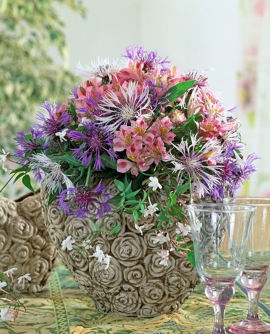 Heart vase with Alstroemeria, Centaurea (knapweed), Jasminum