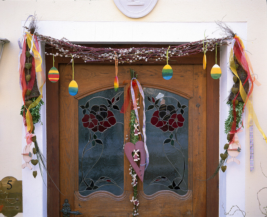 Easter door decoration garland made from willow catkin rods