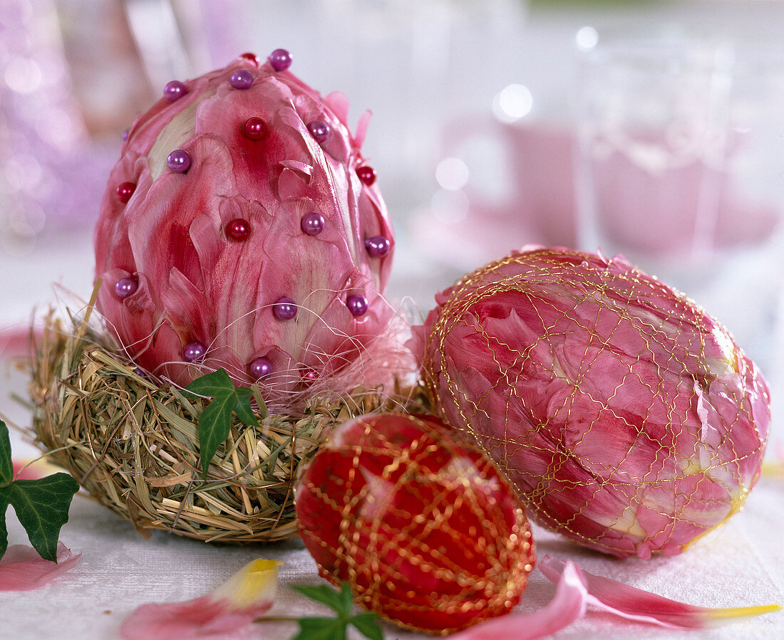 Styrofoam eggs decorated with tulip flowers