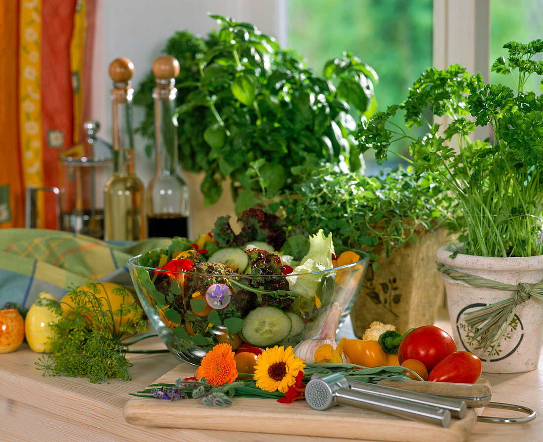 Salad herbs: parsley, marjoram, basil, calendula flowers