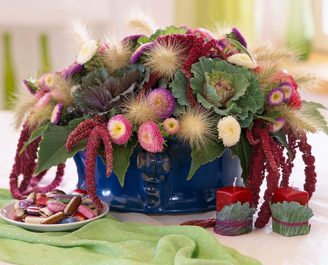 Bouquet with Pennisetum (feather bristle grass), Brassica (ornamental cabbage)
