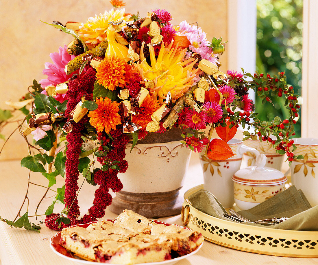 Autumn bouquet of asters, dahlias and amaranthus (foxtail)