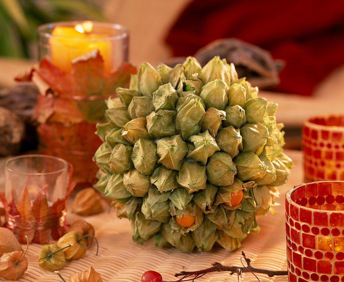 Balls made of dry floral foam glued on with Physalis Andean berry