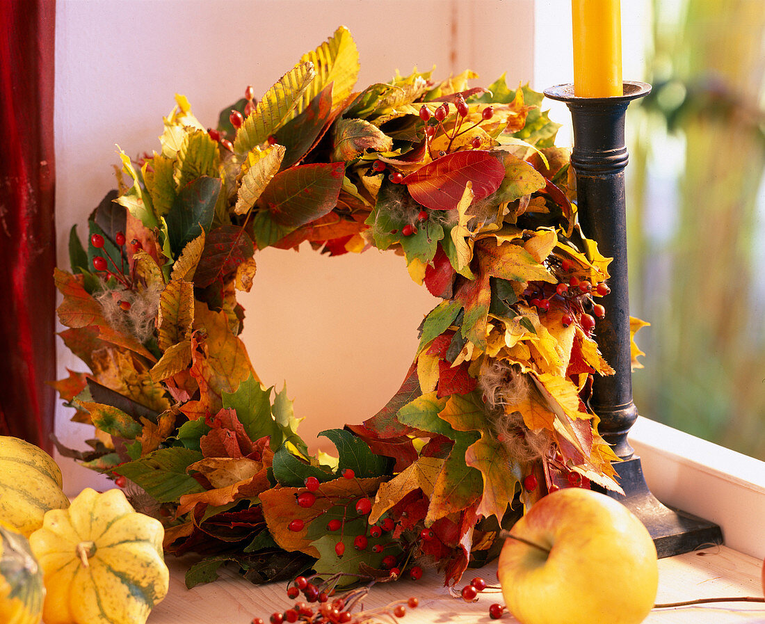 Leaf wreath: Carpinus (hornbeam), Amelanchier (rock pear), Acer (maple), Liquid