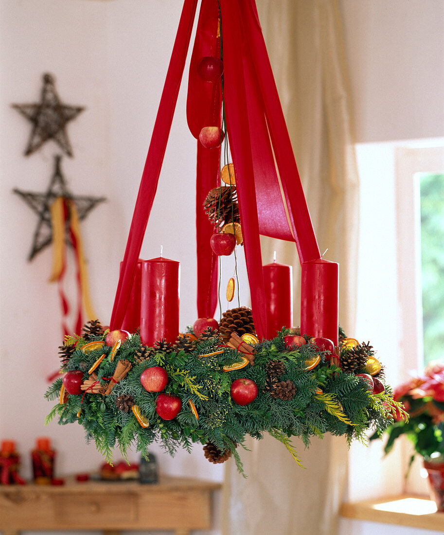 Hanging advent wreath with ribbons
