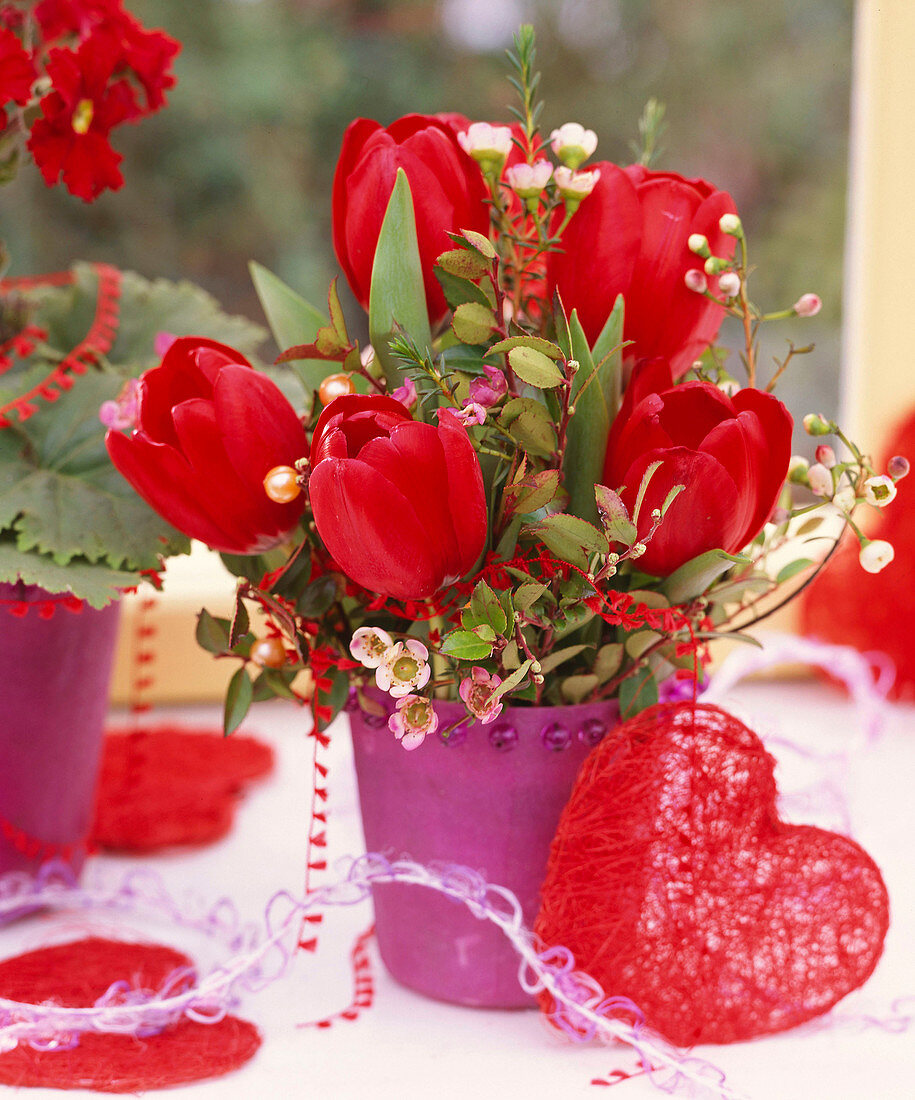 Tulipa 'Red. Paradise' (Tulips), Chamelaucium and Myrtus