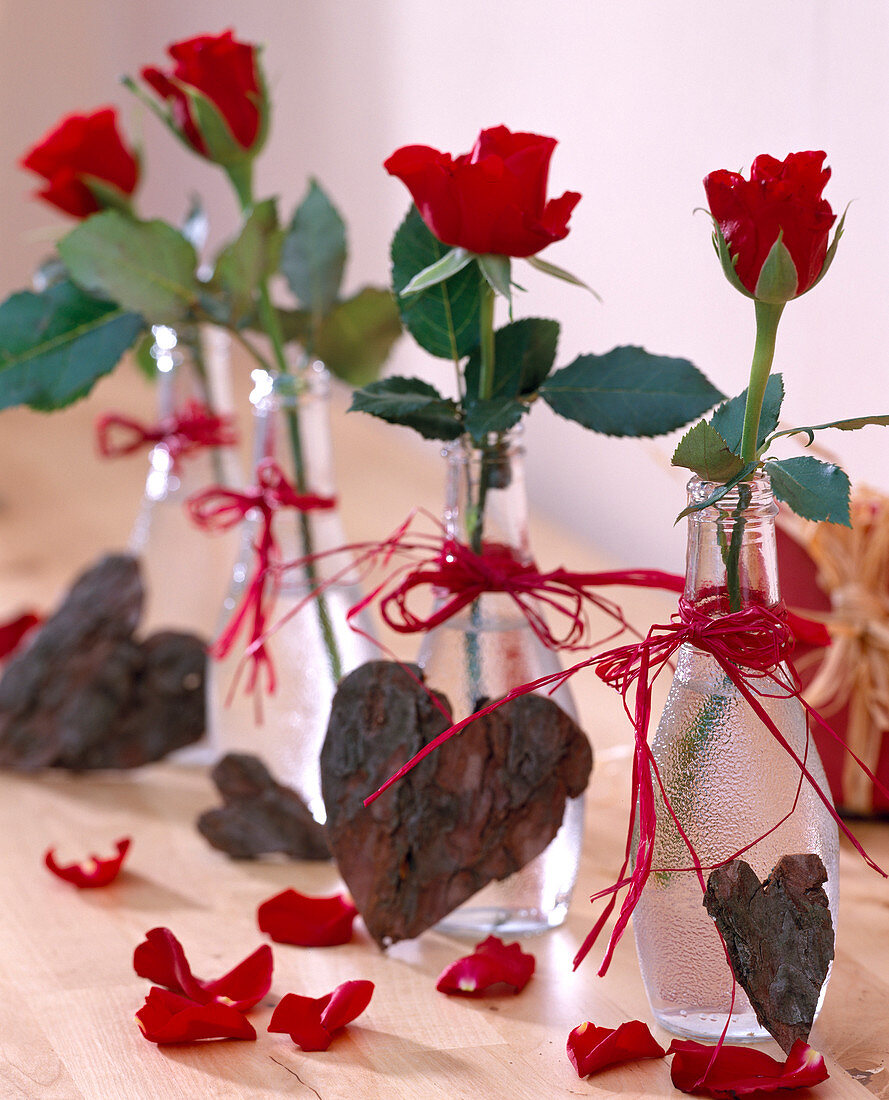 Rosa (red roses) individually in bottles with red bast