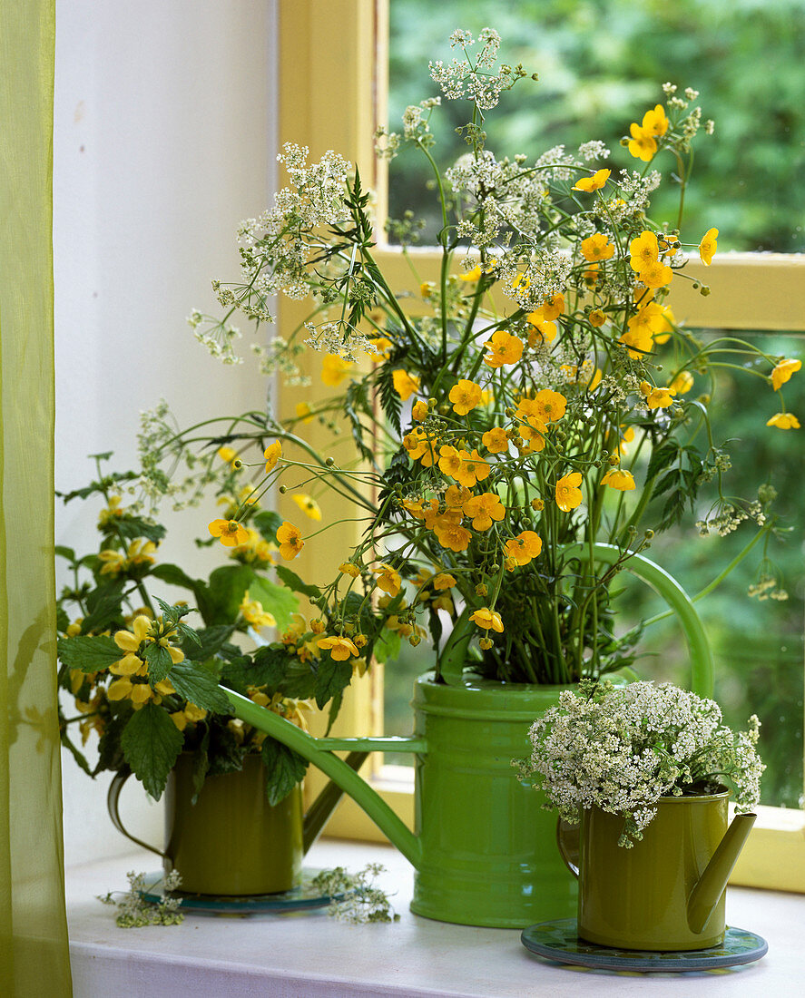 Meadow flowers in tin watering cans