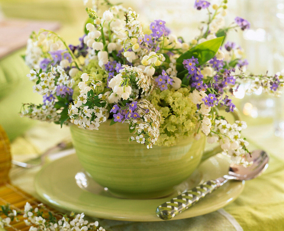 Convallaria (lily of the valley), myosotis (forget-me-not), spiraea