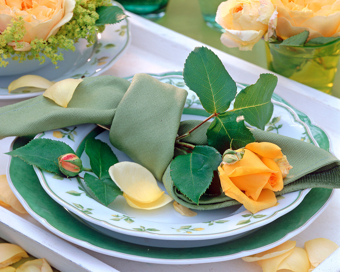 Rosa (gelbe Rose) in den lockeren Knoten der Serviette gesteckt