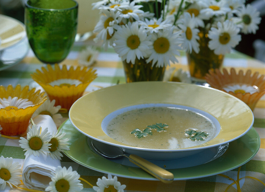Leucanthemum (Margeriten) als Tischdeko, Teller mit Suppe