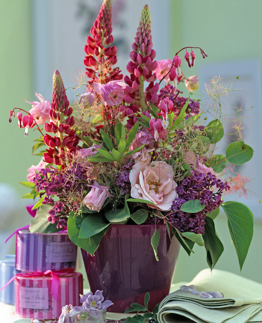 Lupinus polyphyllus 'Camelot' (lupine), syringa (lilac), rose