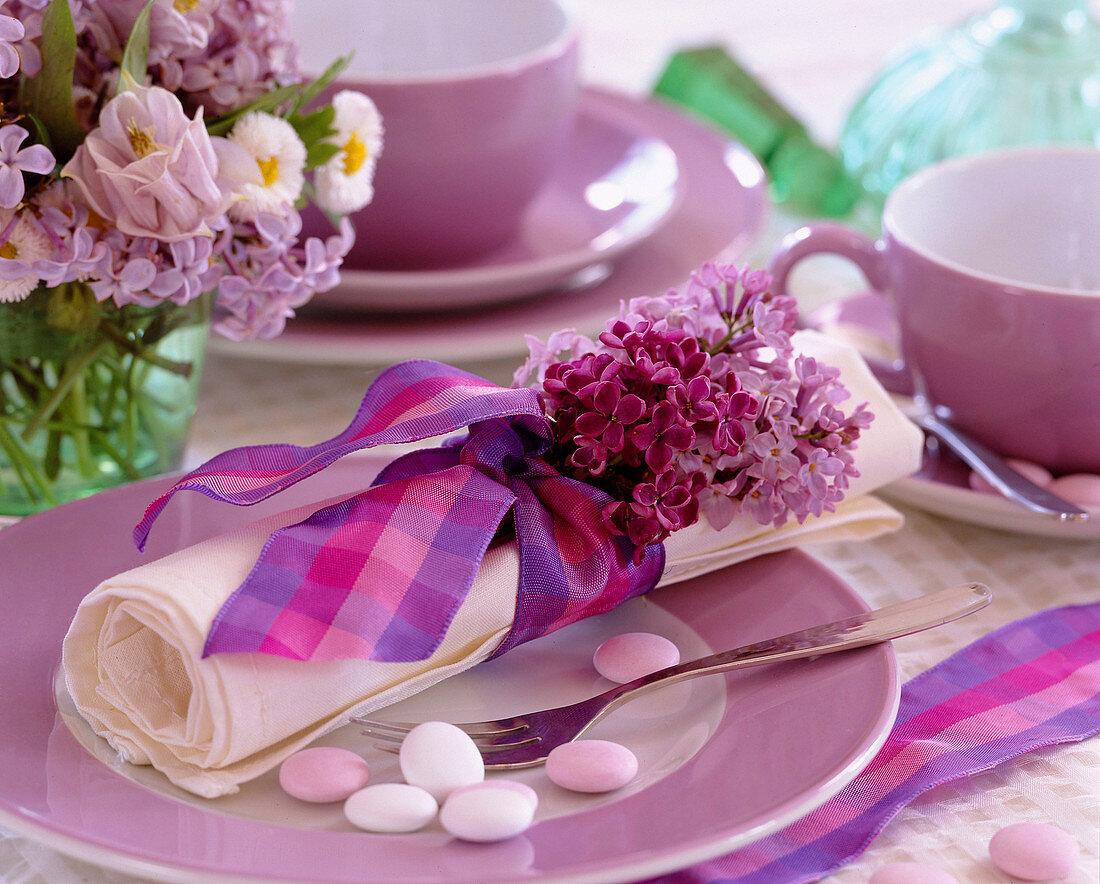 Syringa (Lilac flowers with bow), Aquilegia (Columbine), Bellis