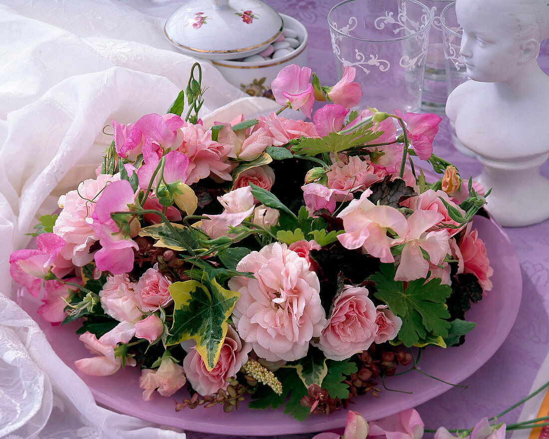 Rosa 'Bonica' (roses), Lathyrus (sweet peas)