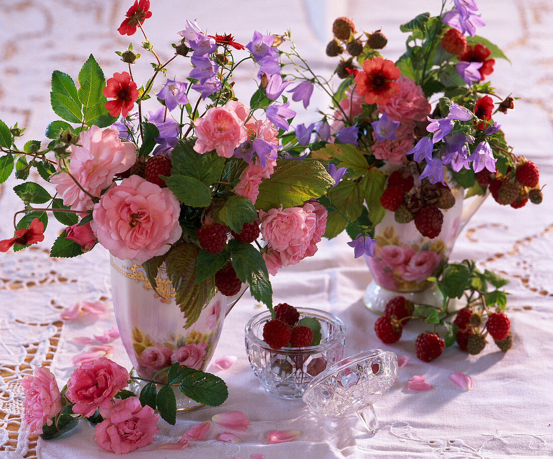 Rosa 'Bonica', ' The Fairy' (roses), Rubus (raspberries), Potentilla (cinquefoil)