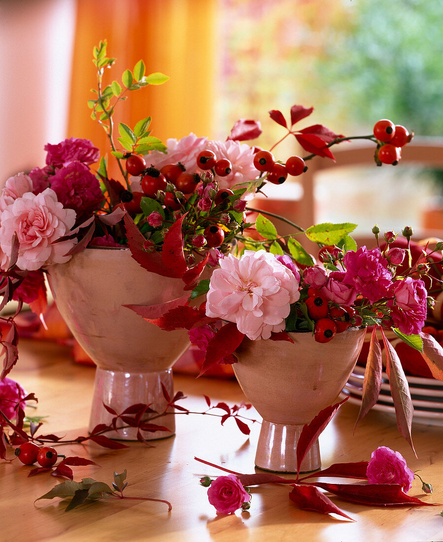 Pink (roses and rose hips), Parthenocissus (wild vine) in pink vases with foot