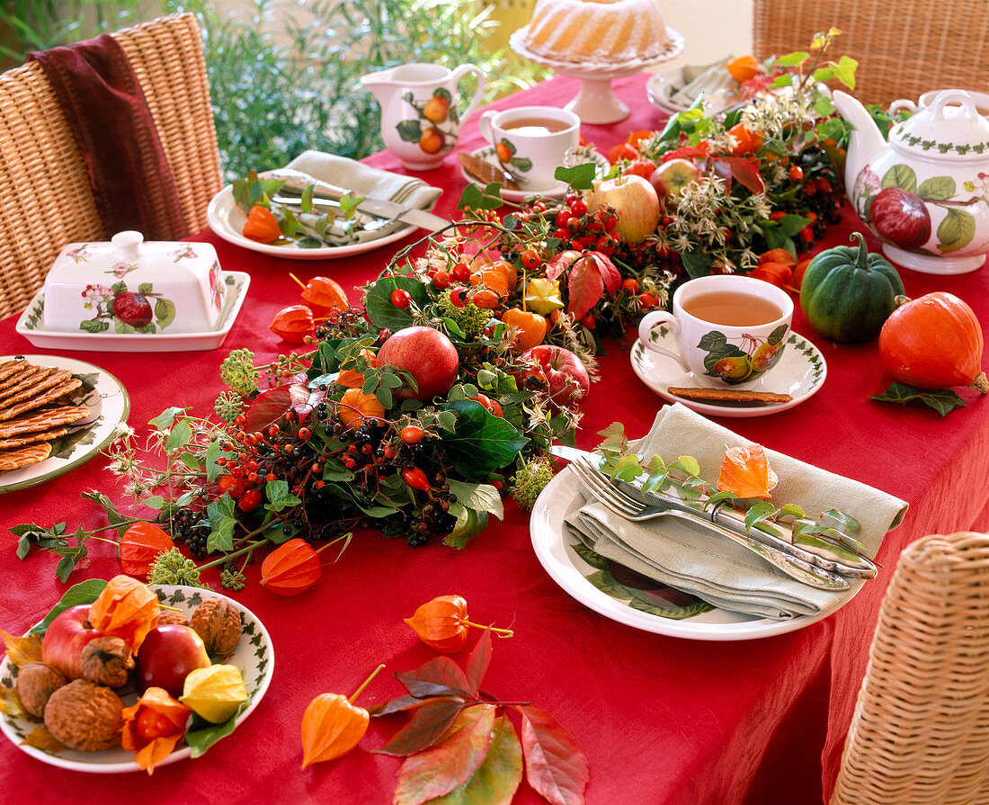 Table garland of Rosa (rose hips), Clematis (woodland vine), Hedera (ivy), Malus (apples)