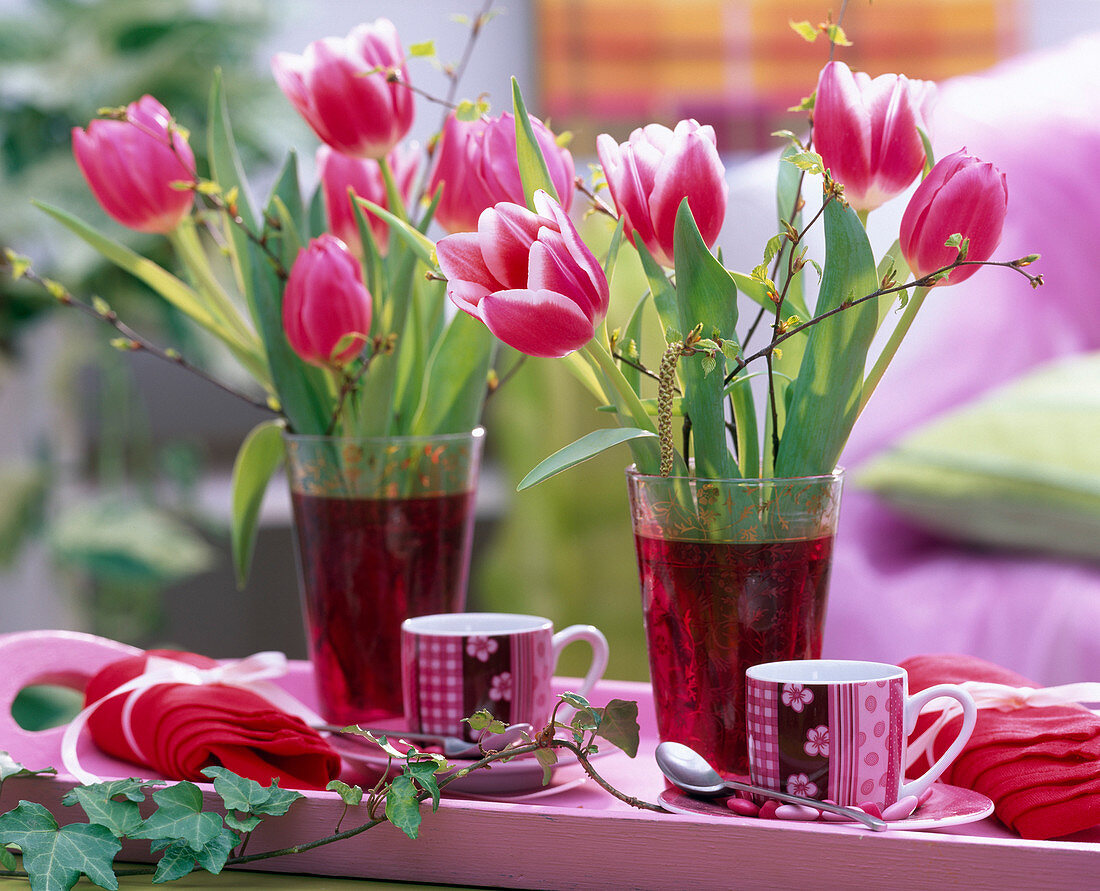 Tulipa (Tulpen), Betula (Birkenzweige)