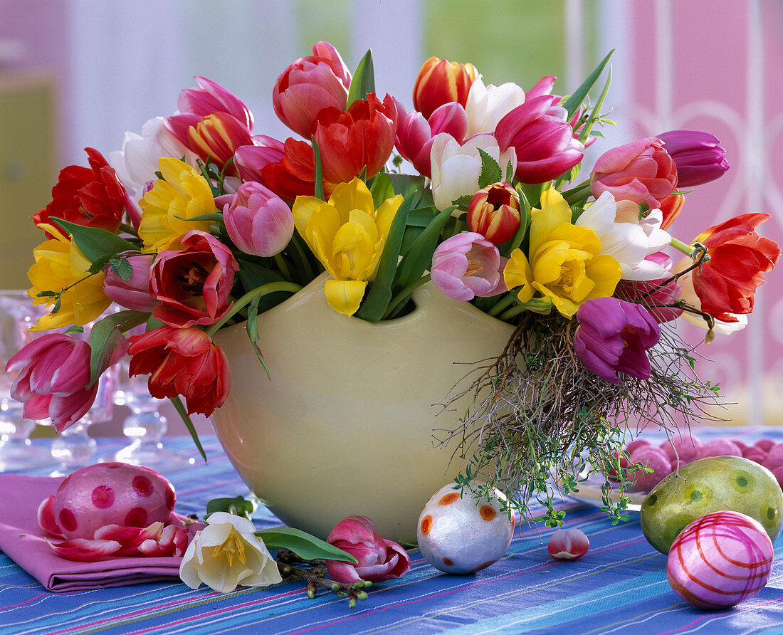 Tulipa 'Merry Widow' (Tulip), Salix (Willow Wreath)