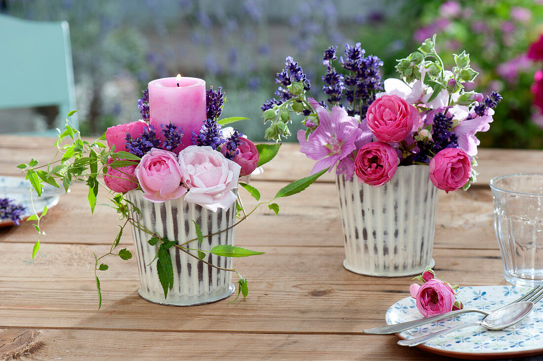 Lantern with Lavandula (lavender) and Rosa (roses)