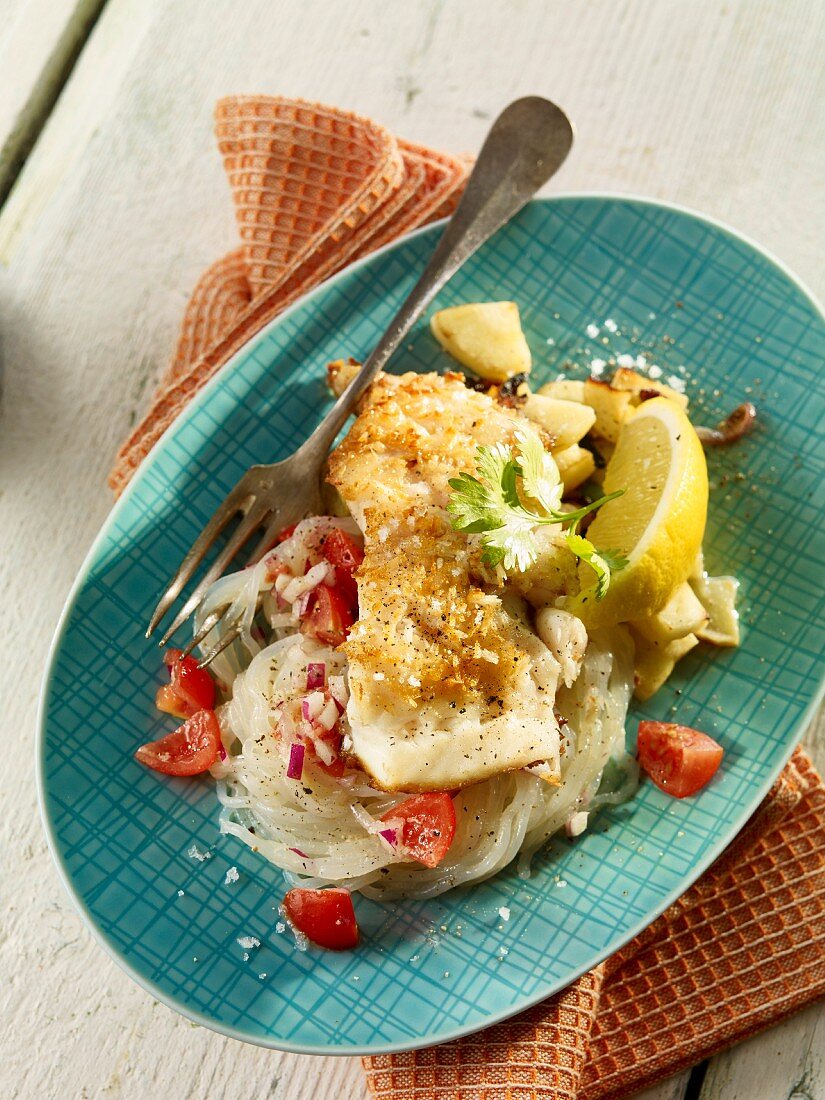 Red snapper on shirataki noodle salad with parsley root