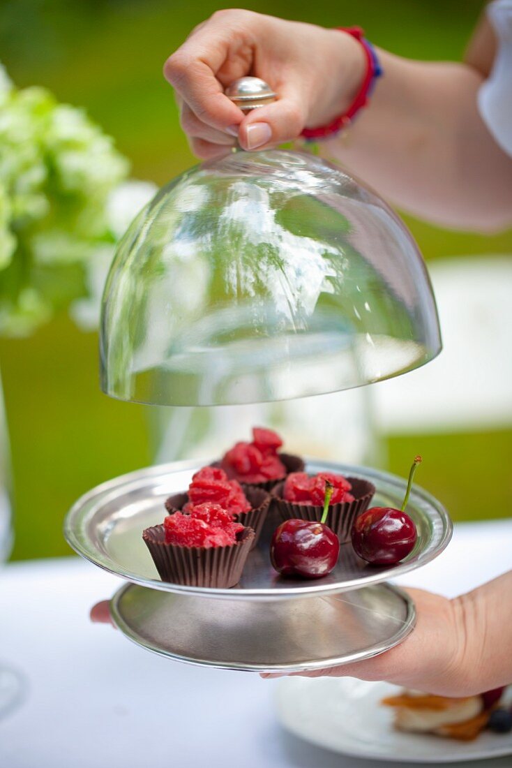 Cherry sorbet in chocolate cups under a glass dome