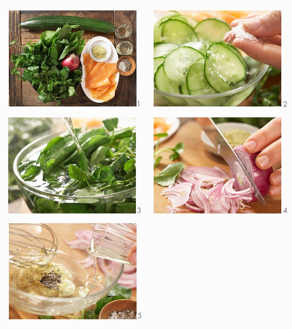 Salade aux saumon fumé, Bistro-Klassiker mit Räucherlachs, Gurke, Sauerampfer und Brunnenkresse mit Estragon-Senf zubereiten