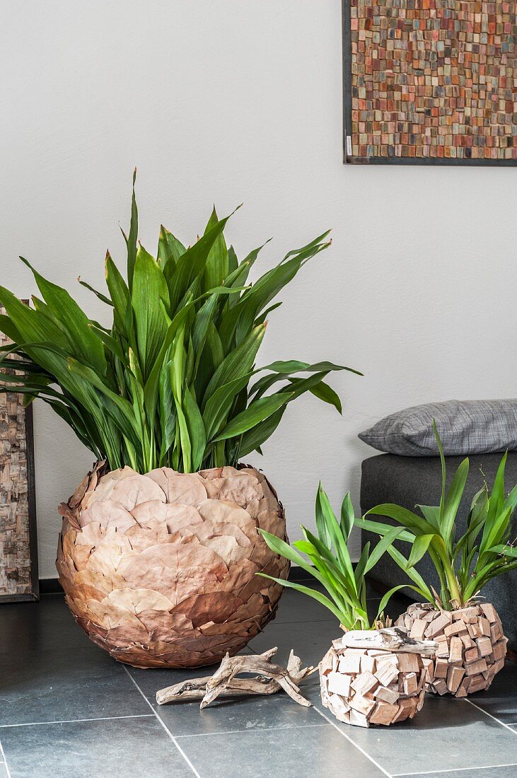 Leafy plants in pots creatively made from natural materials on grey tiled floor