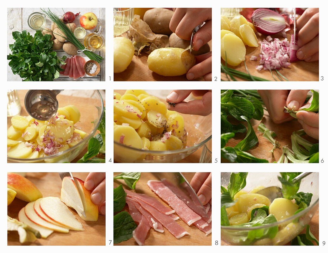 Kartoffelsalat mit Feldsalat, Lachsschinken und Apfel zubereiten