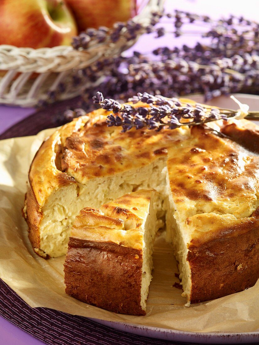 An apple and quark cake with lavender