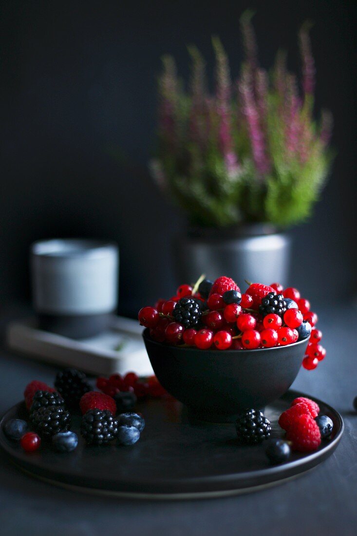 Summer berries in dark bowl