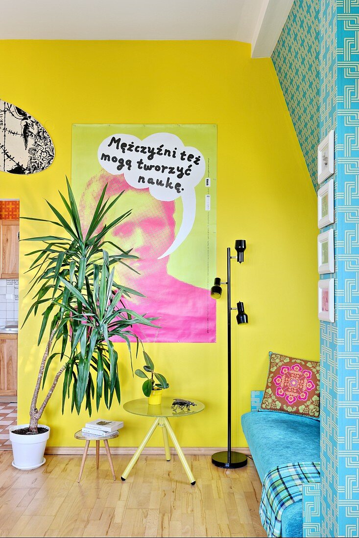 Dracaena in living room with one bright yellow and one patterned turquoise wall