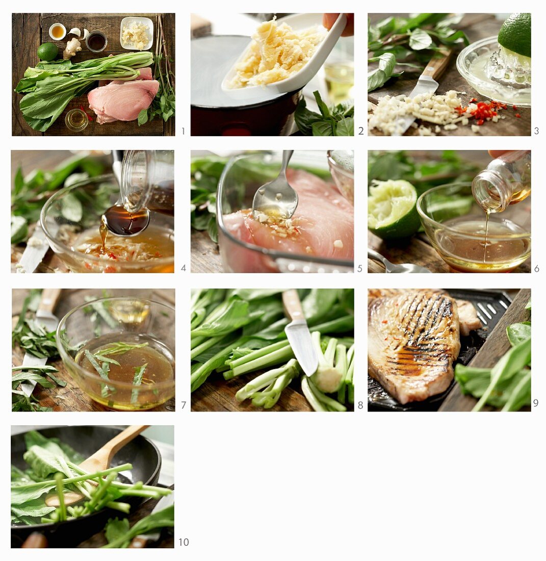 Gegrillten Schwertfisch mit thailändischem Gemüse und Ingwer zubereiten