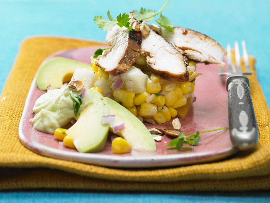 Chicken salad with corn and avocado cream (Mexico)