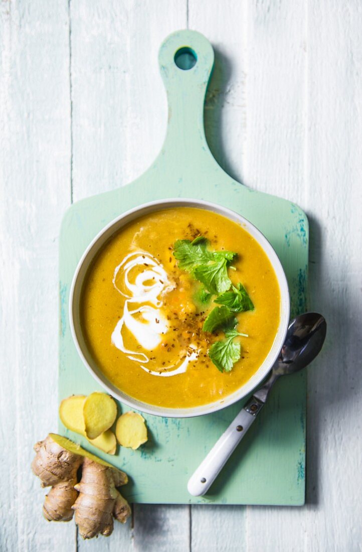 A bowl of spiced lentil soup with ginger, coriander and cumin