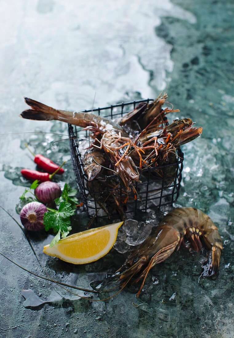 Fresh prawns in a wire basket