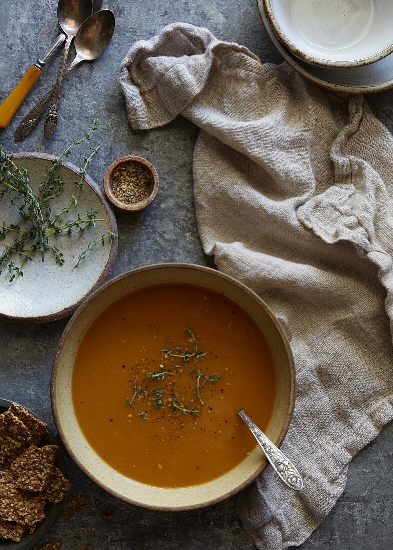 Pumpkin soup with herbs (seen from above)