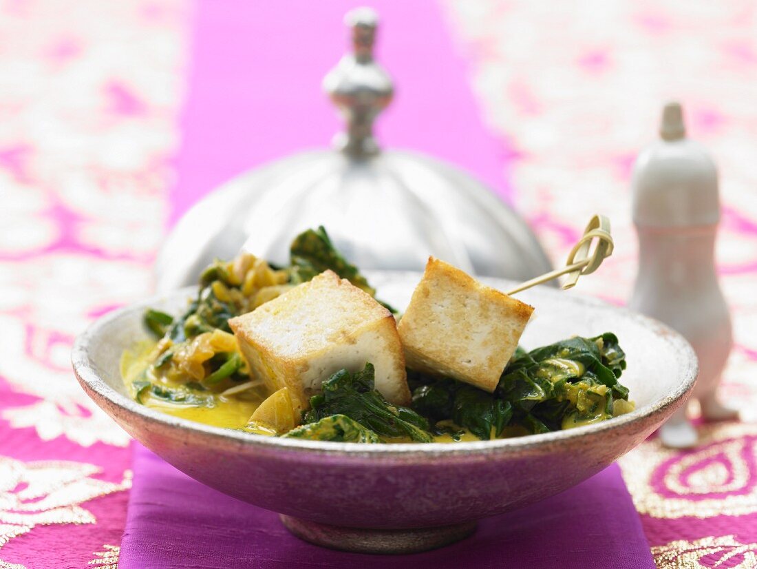 Indian cheese with coconut spinach and aromatic spices