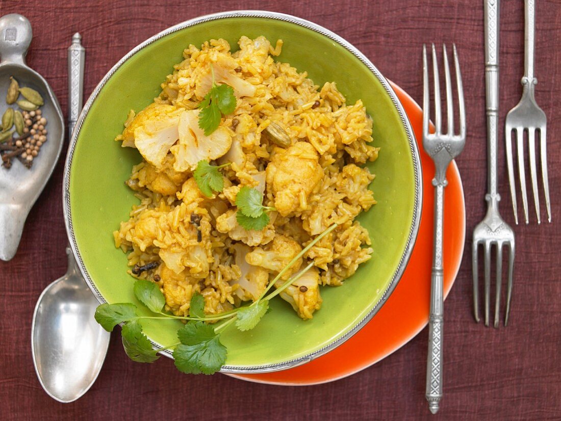 Cauliflower rice pilaf with coconut milk and cardamom