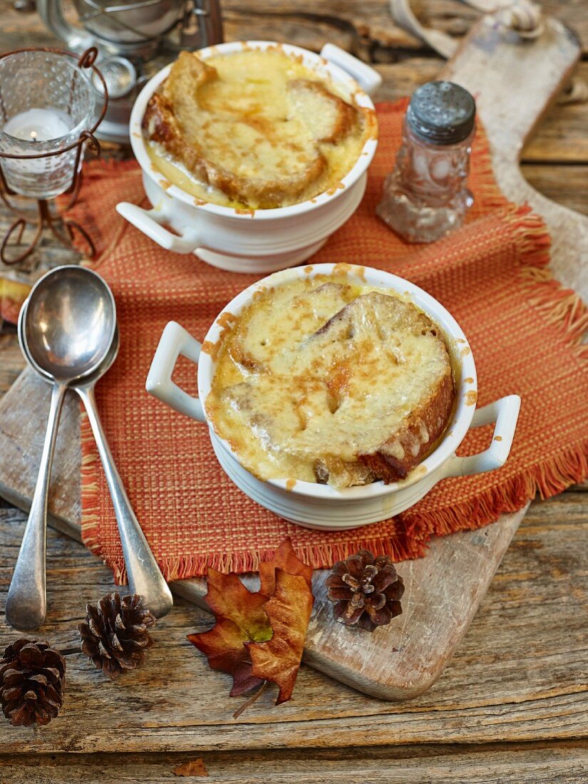 french onion soup with baked cheese on toast