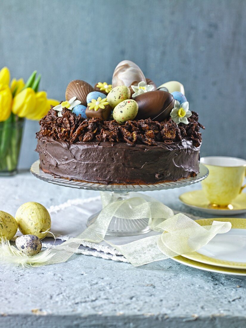 Chocolate cake topped with easter eggs